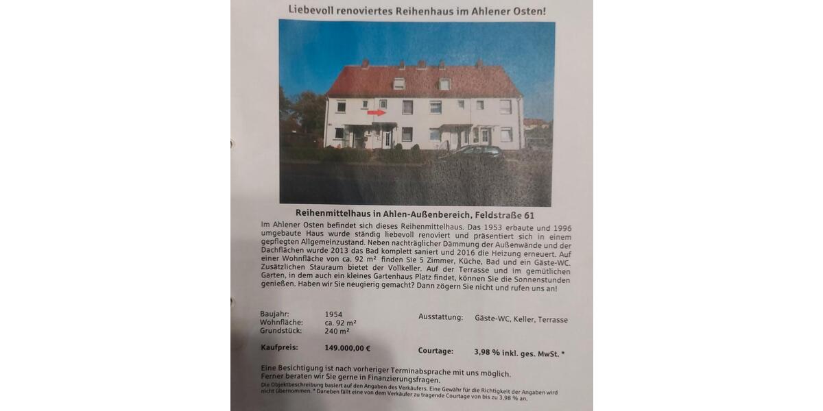 Reihenhaus Ahlen Dolberg - 5 Zimmer, 95 m&sup2;, 350.000&euro; | Angebot:26605008