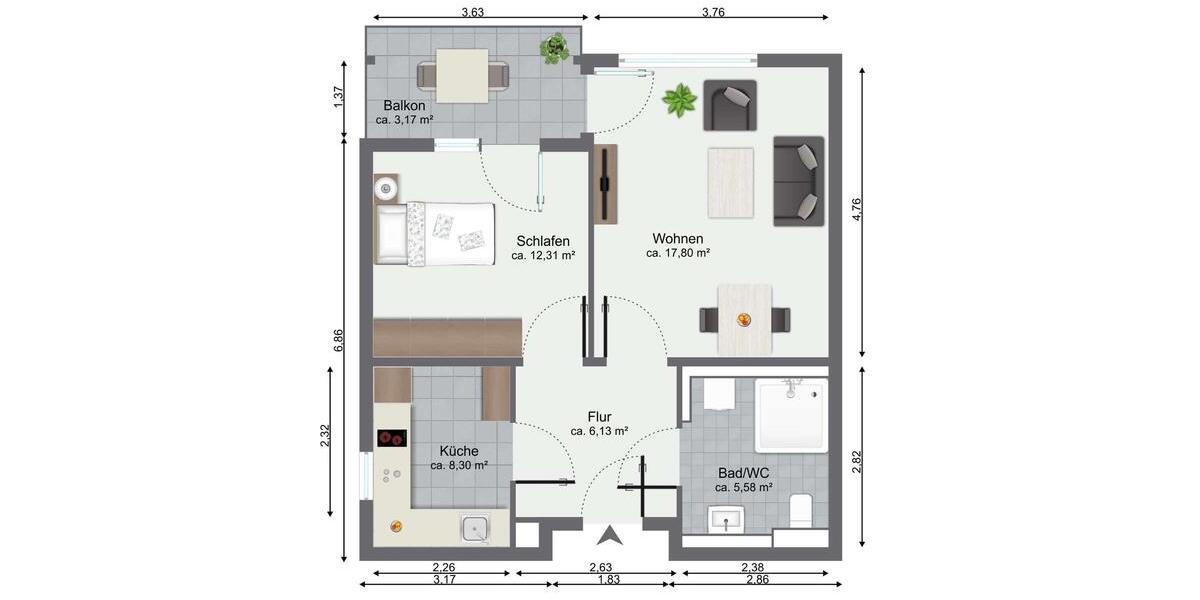 Etagenwohnung Hamm Braam-Ostwennemar - 2 Zimmer, 51 m&sup2;, 778&euro; | Angebot:22082376