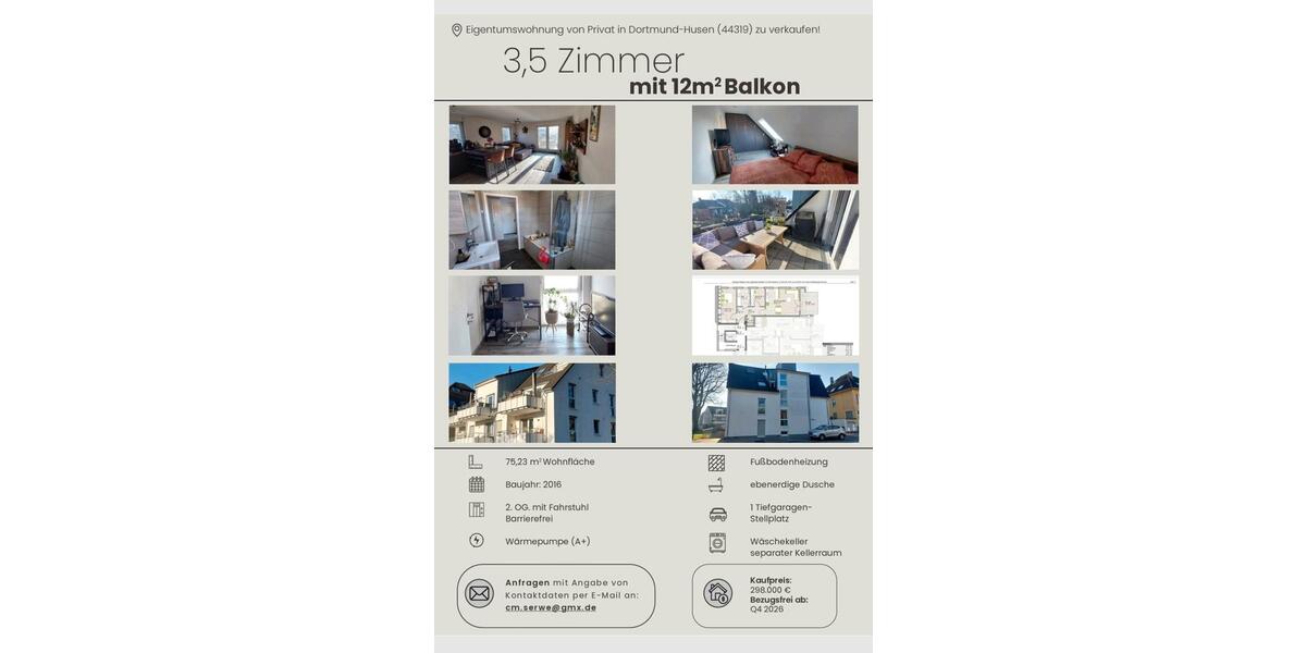 Etagenwohnung Dortmund Brackel - 3.5 Zimmer, 75 m&sup2;, 298.000&euro; | Angebot:26047056